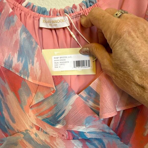 NWT Ramy Brook “Anika” ruffle chiffon maxi dress in pink and blue hues. Size 2 - Picture 9 of 14